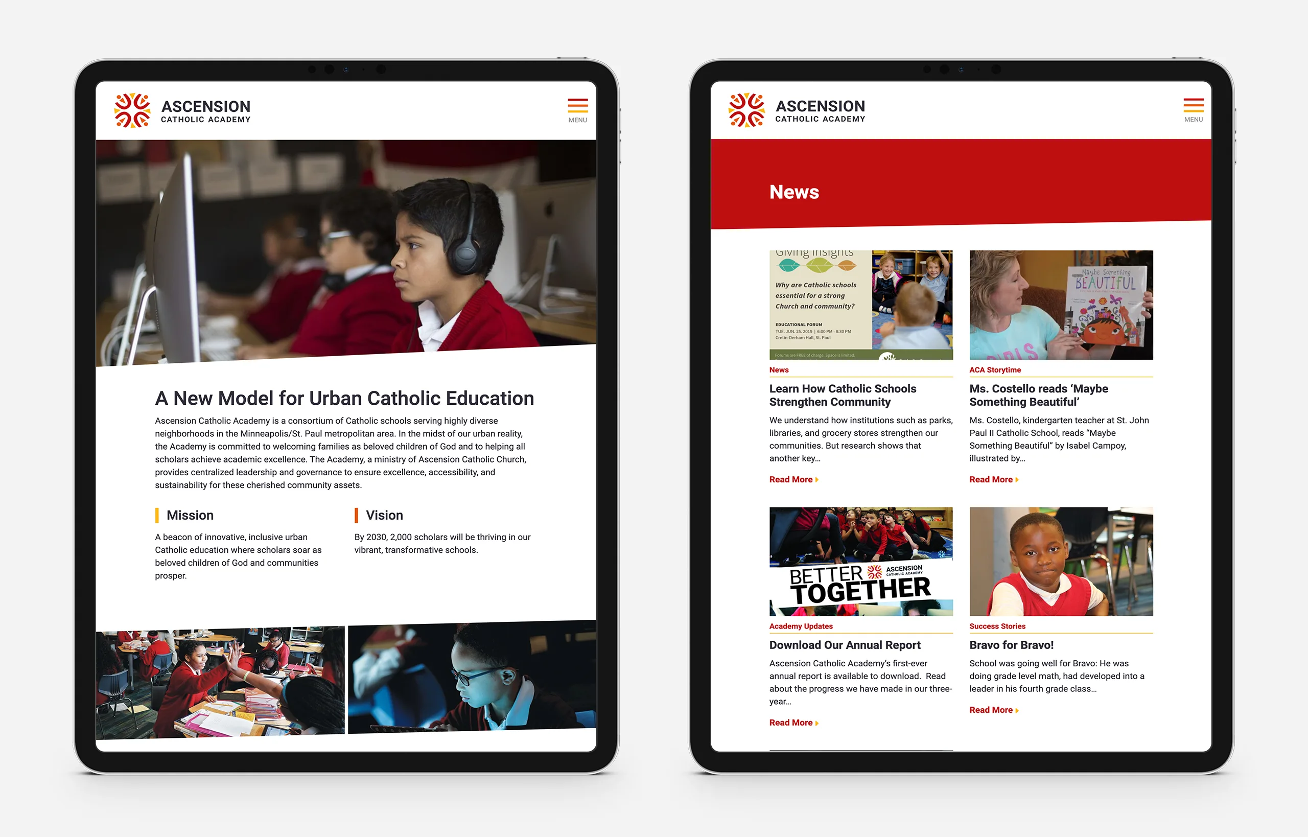 Two iPads side by side displaying the Ascension Catholic Academy website.
