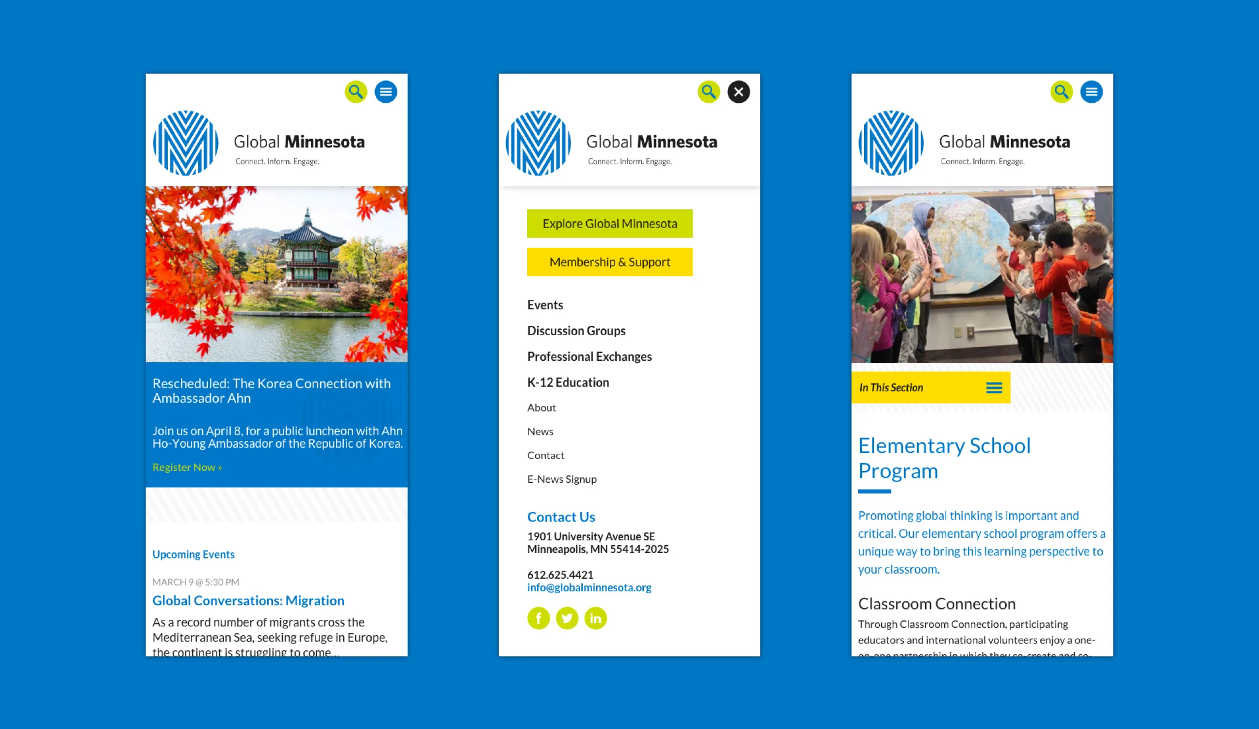 Three layouts of Global Minnesota's mobile-friendly website
